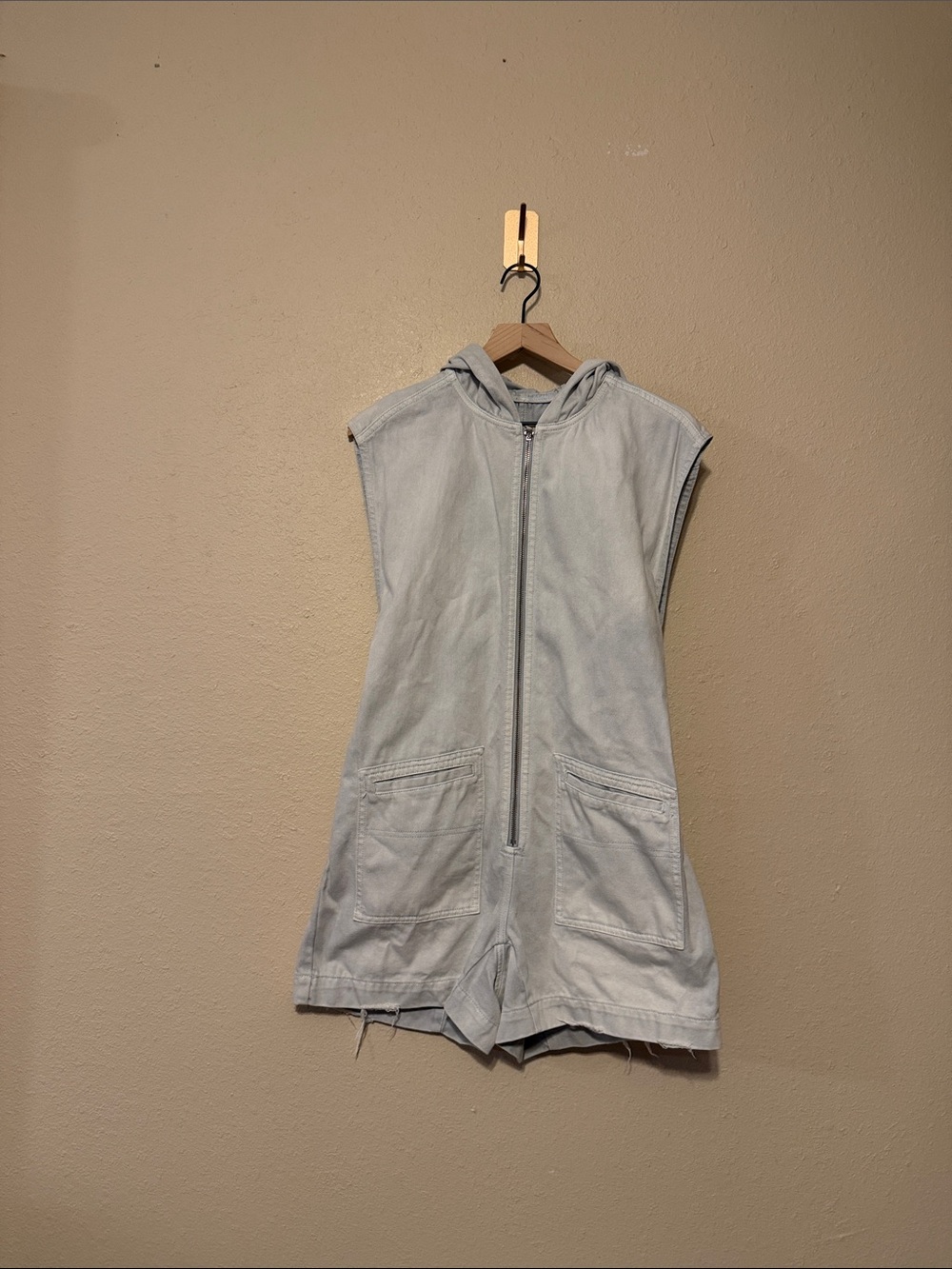 Free People We The Free Light Blue Denim Zip Short Romper with Hood Size Small